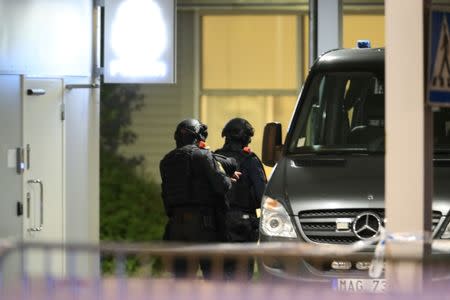 Police officers are seen at Landvetter Airport, which is evacuated after a bag was left near the information desk at the airport outside Gothenburg, Sweden, May 22, 2017. TT News Agency/Adam Ihse/via REUTERS