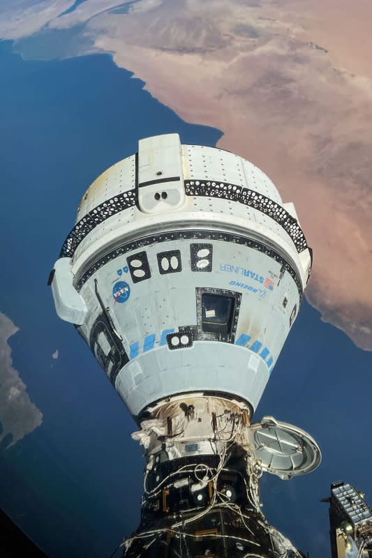 The Boeing Starliner's first crewed mission and its final test flight will last between 45 and 90 days while NASA engineers study issues with helium leaks and thruster problems with the spacecraft that is docked at the International Space Station. Photo by NASA/UPI