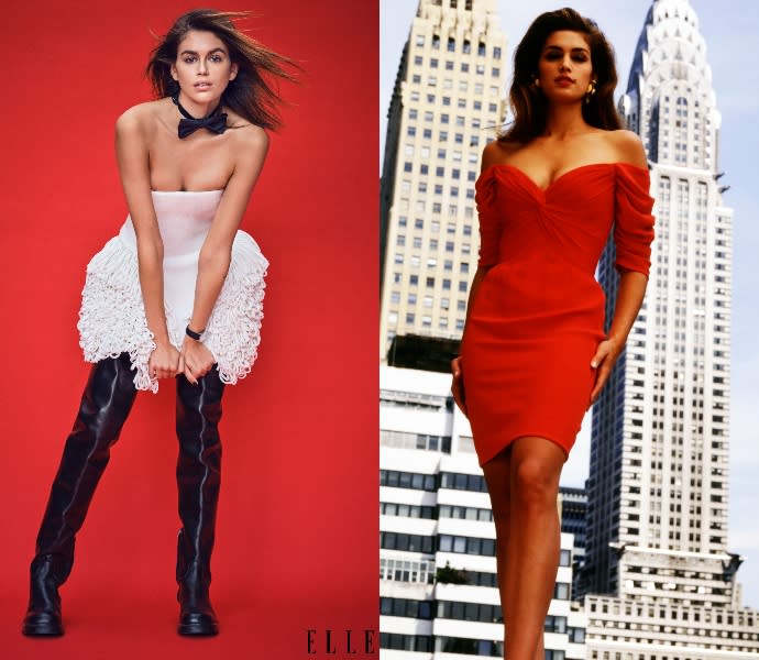 Kaia Gerber for ELLE’s December 2021/January 2022 issue, Cindy Crawford in 1990 - Credit: Nathaniel Goldberg, W.