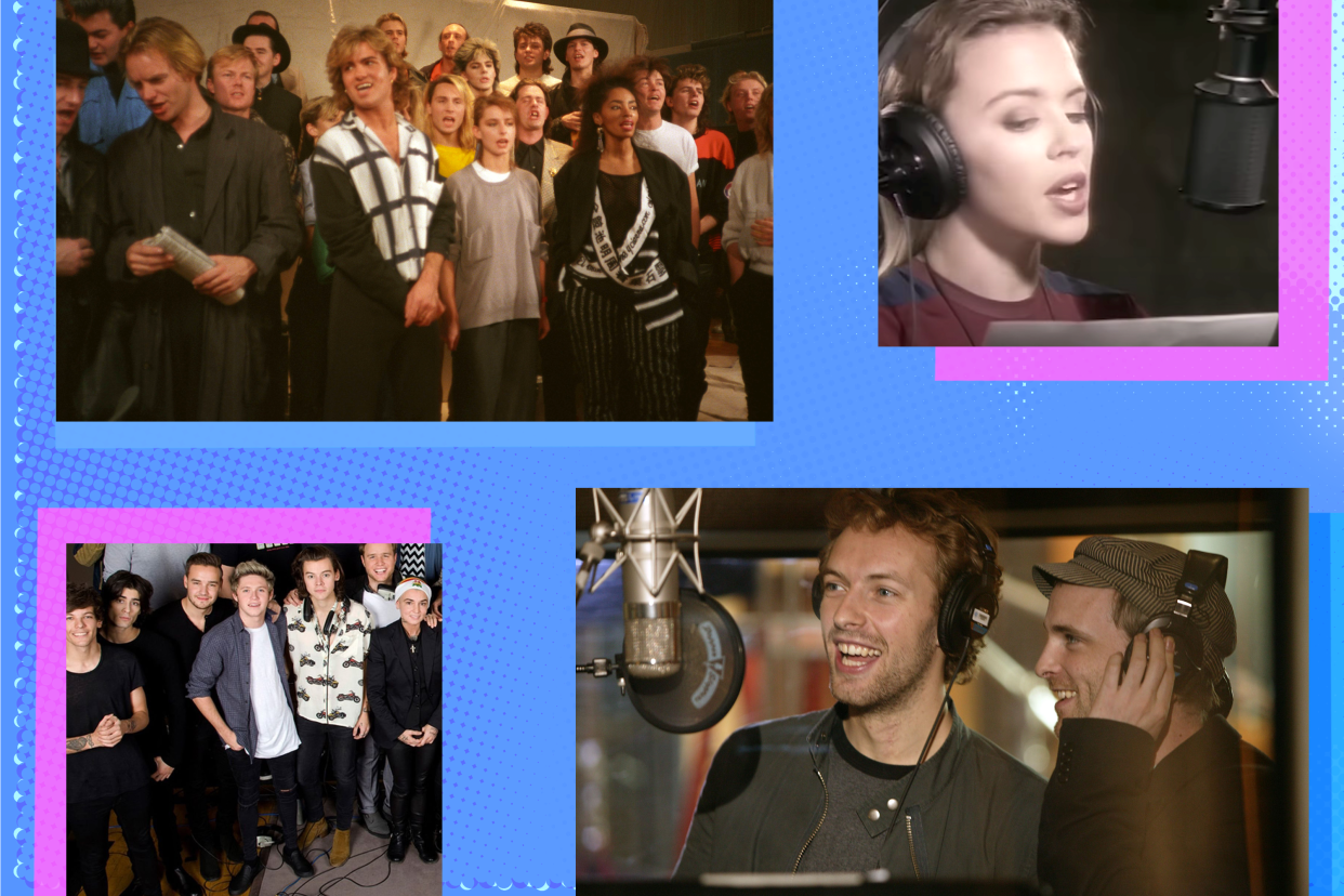 "Do They Know It's Christmas?" through the years, clockwise: new wave stars in 1984, Kylie Minogue of Band Aid II in 1989; Coldplay's Chris Martin and Travis's Fran Healy at the Band Aid 20 session in 2004; and One Direction and Sinéad O'Connor at Band Aid 30. (Photo illustration: Yahoo News/Photos: Getty Images, YouTube)