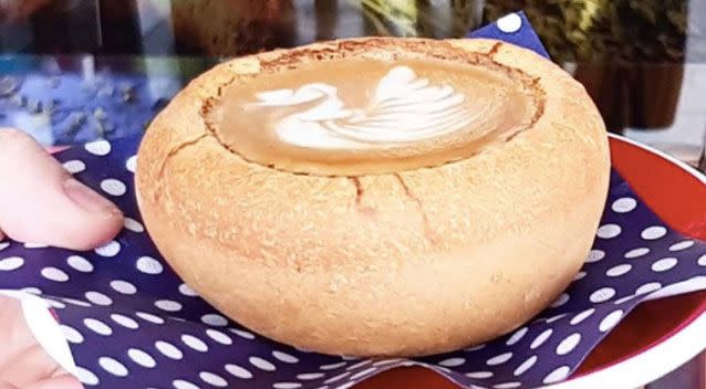 The bakery has created an edible coffee cup in the shape of the 'piefee'. Source: Facebook/ Tasteful Bakery and Cafe