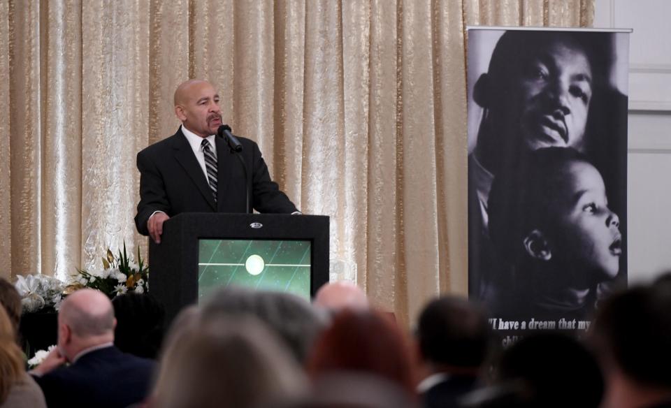 Bruce E. Allison offers a rendition of the 'I Have a Dream Speech' during the 31st annual MLK Jr. Mayors' Breakfast at the DoubleTree by Hilton in downtown Canton.