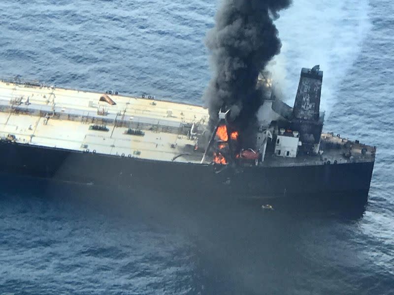 The New Diamond, a very large crude carrier (VLCC) chartered by Indian Oil Corp (IOC), that was carrying the equivalent of about 2 million barrels of oil, is seen after a fire broke out off east coast of Sri Lanka