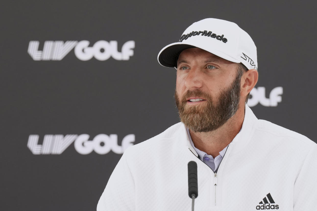 ST ALBANS, ENGLAND - JUNE 07: Dustin Johnson of The United States attends the press conference prior to the LIV Golf Invitational - London at The Centurion Club on June 07, 2022 in St Albans, England. (Photo by Aitor Alcalde/LIV Golf/Getty Images)