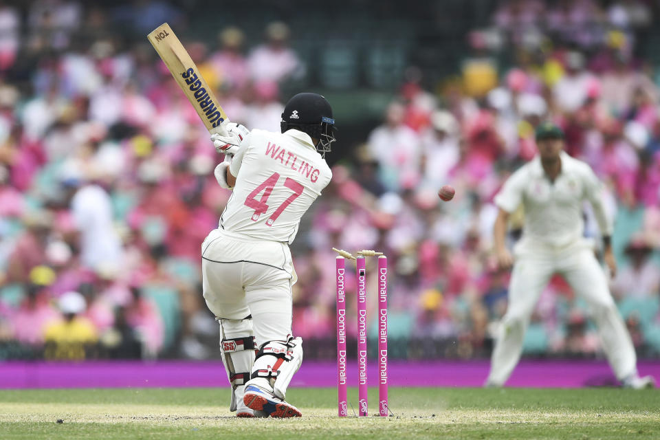New Zealand's BJ Watling is out as he plays onto the stumps on day three of the third cricket test match between Australia and New Zealand at the Sydney Cricket Ground in Sydney Sunday, Jan. 5, 2020. (Andrew Cornaga/Photosport via AP)