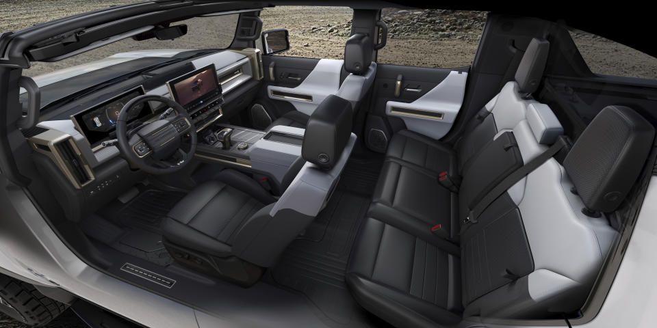 This photo provided by General Motors Co. shows the interior of the 2022 GMC Hummer EV. On Tuesday, Oct. 20, 2020, the company's GMC brand introduced the new electric Hummer pickup, with a high-end version due in showrooms sometime in the fall of 2021. (Courtesy of General Motors Co. via AP)