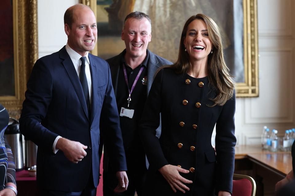 Prince William, Prince of Wales and Catherine, Princess of Wales visit the Windsor Guildhall to thank volunteers and operational staff involved in her Majesty Queen Elizabeth II's funeral on September 22, 2022 in Windsor, United Kingdom.