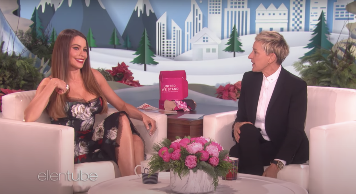 Sofia Vergara is defending her relationship with Ellen DeGeneres (pictured together in 2017) after Twitter videos showed the talk show host mocking her accent. (Screenshot: YouTube/The Ellen DeGeneres Show)