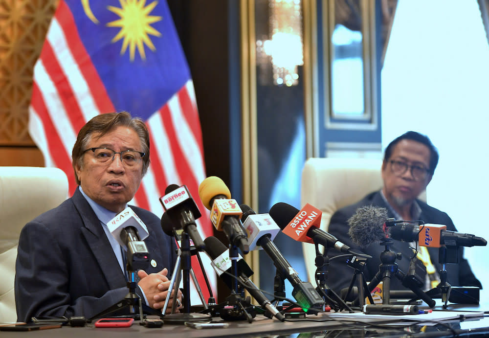 Sarawak Chief Minister Datuk Patinggi Abang Johari Openg answers reporters’ questions at Wisma Bapa Malaysia in Kuching January 6, 2020. — Bernama pic