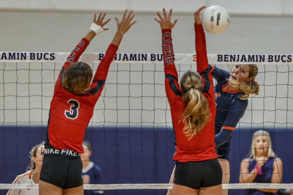 Grace Havlicek (17) makes a kill shot during Florida High School Athletic Association Class 3A girls' volleyball action at The Benjamin School in in Palm Beach Gardens, Fla., on September 6, 2022. The Scots won the night's match in three straight games over the hosting Buccaneers. 