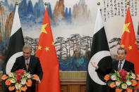 Pakistani Foreign Minister Shah Mehmood Qureshi attends a news conference after talks with Chinese Foreign Minister Wang Yi at the Diaoyutai State Guesthouse in Beijing, China March 19, 2019. REUTERS/Thomas Peter