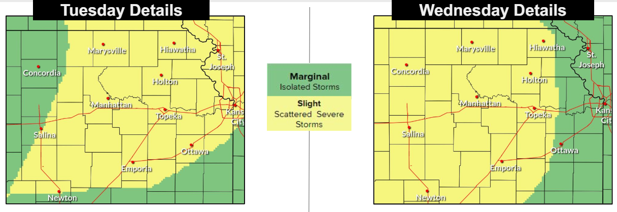 The National Weather Service's Topeka office posted these graphics on its website identifying areas that it says are at risk for severe weather on Tuesday and Wednesday.