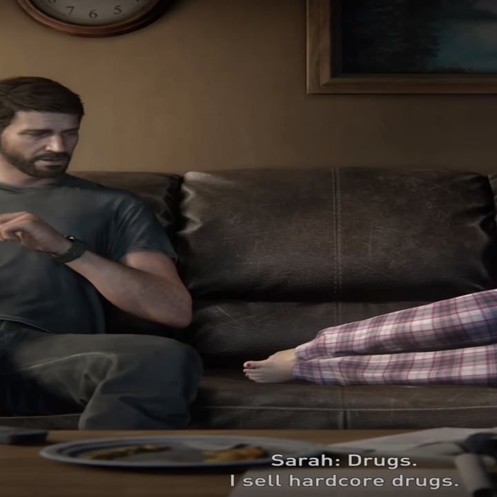 Joel and Sarah on the couch in the video game