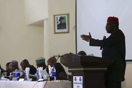 Nigeria's Health Minister Onyebuchi Chukwu gestures during a media briefing on updates regarding the ongoing national Ebola disease outbreak, at the second general meeting with state commissioners of health, in Abuja September 1, 2014. REUTERS/Afolabi Sotunde
