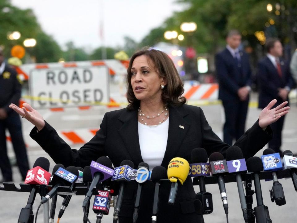 Vice president Kamala Harris speaks to those gathered near the site of Monday's mass shooting during the Highland Park July 4th parade Tuesday, July 5, 2022, in Highland Park (AP)