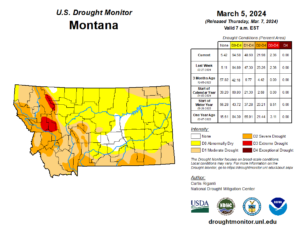 Drought conditions in Montana as of March 5, 2024. (Photo via U.S. Drought Monitor)