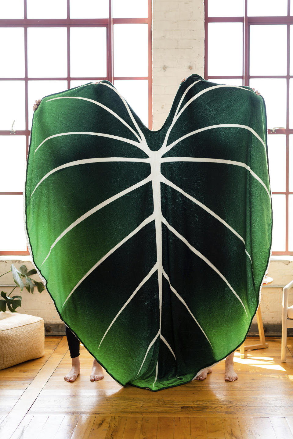 This photo provided by Green Philosophy Co. shows their blanket in the shape of a tropical leaf. They've partnered with nonprofit Trees for the Future, so pillow and throw sales support planting initiatives worldwide. (Sarah Eichstedt/Green Philosophy Co. via AP)