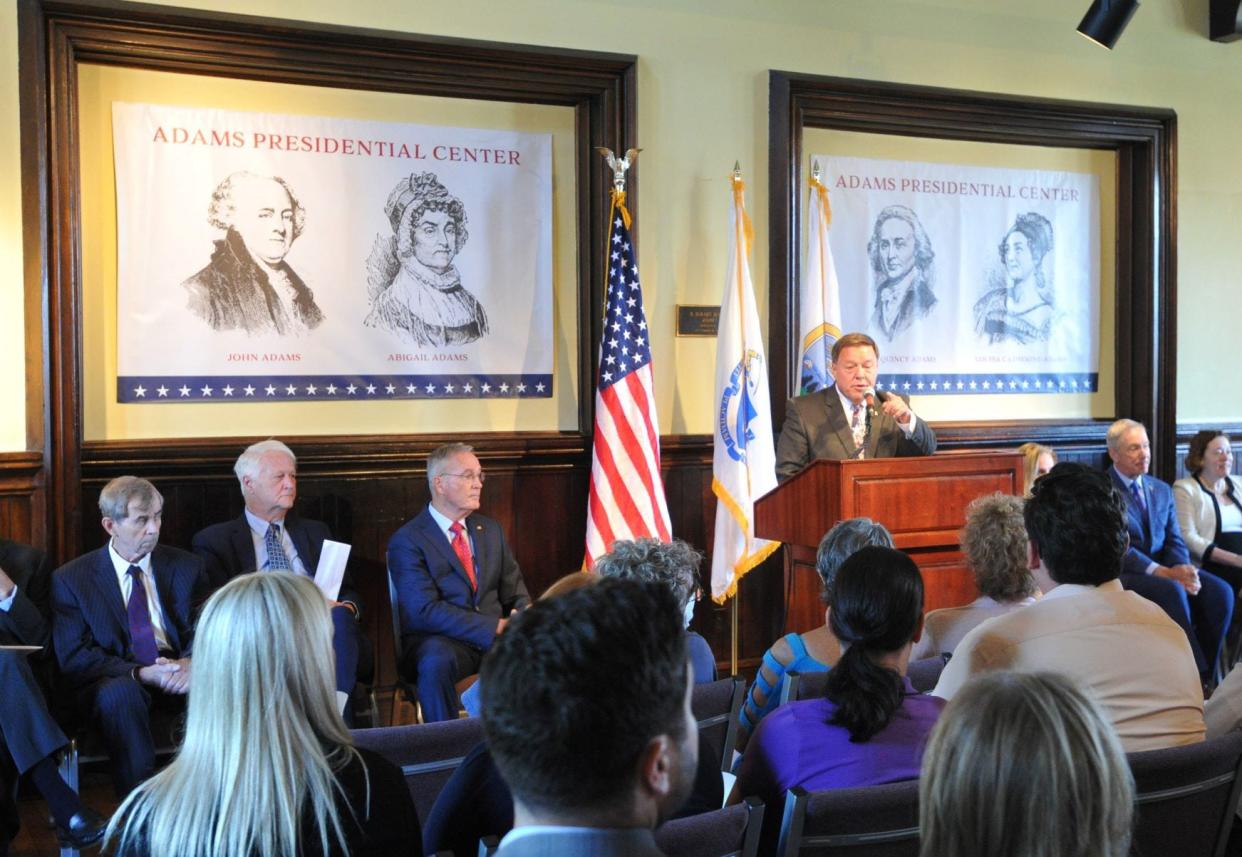 Quincy Mayor Thomas Koch speaks during the ceremony establishing the Adams Presidential Center at the Adams Academy in Quincy, Tuesday, July 12, 2022.
