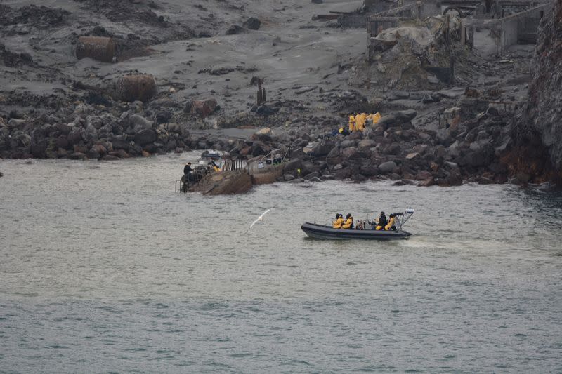 Rescue crew are seen at the White Island volcano in New Zealand