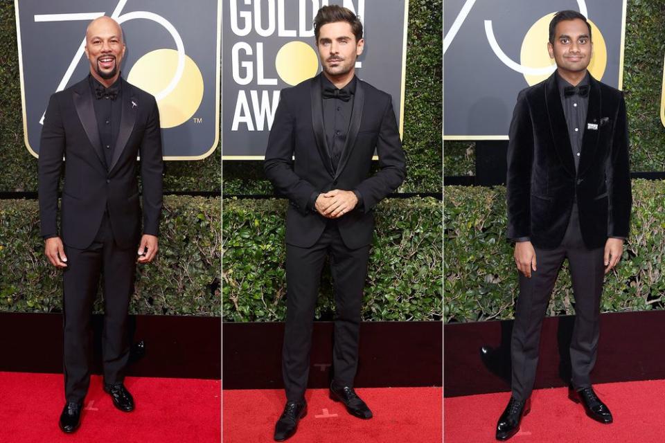 Common, Zac Efron and Aziz Ansari in all black looks at the 2018 Golden Globes.