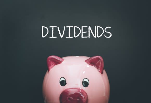 The word "dividends" above a piggy bank.