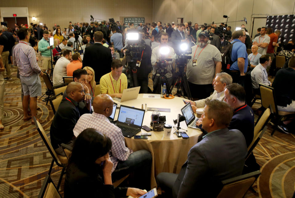 NFL head coaches speak to the media during the NFC/AFC coaches breakfast during the annual NFL football owners meetings, Tuesday, March 26, 2019, in Phoenix. (AP Photo/Matt York)