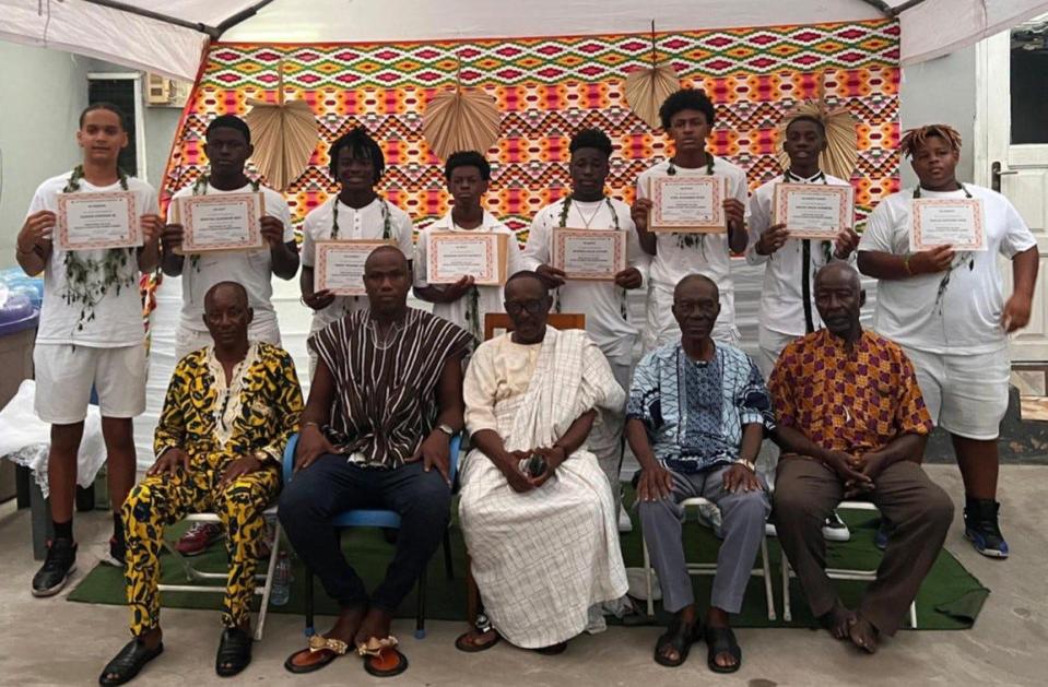 Scholars with the Mirror Image Leadership Academy taking part in a traditional naming ceremony during a recent trip to Ghana, West Africa.