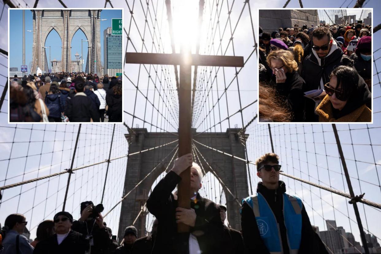 A group of people participating in the Way of the Cross procession over the Brooklyn Bridge on March 29, 2024