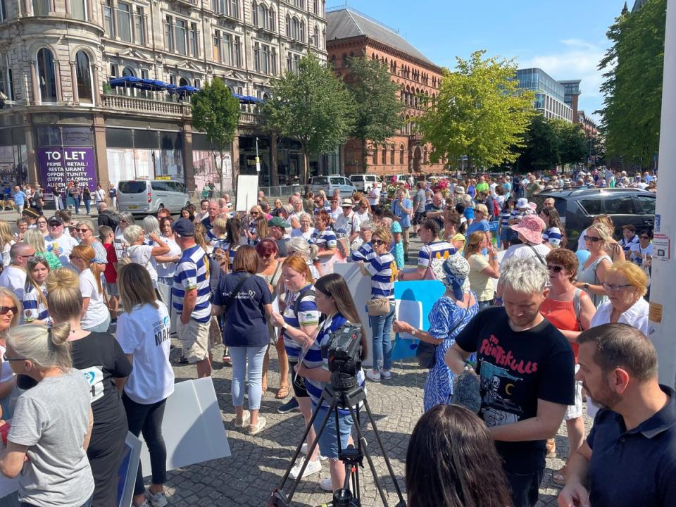 Protesters outside Belfast City Hall over an application to withhold some information in police files in the inquest into the death of schoolboy Noah Donohoe (Jonathan McCambridge/PA) (PA Wire)