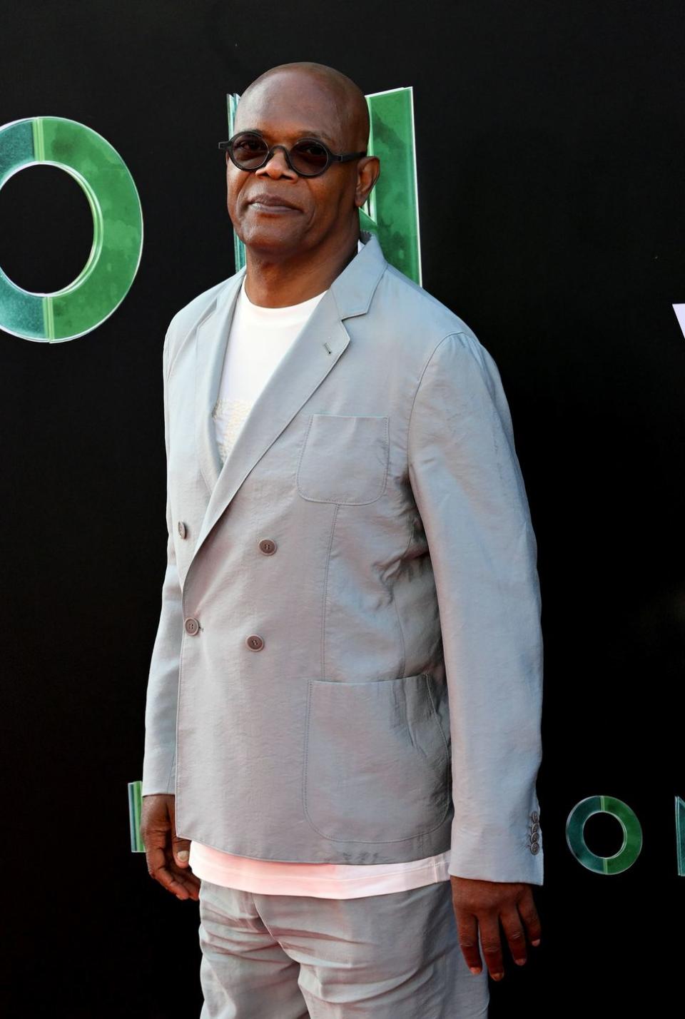 samuel l jackson in 2023 in a light silver jacket at a secret invasion red carpet