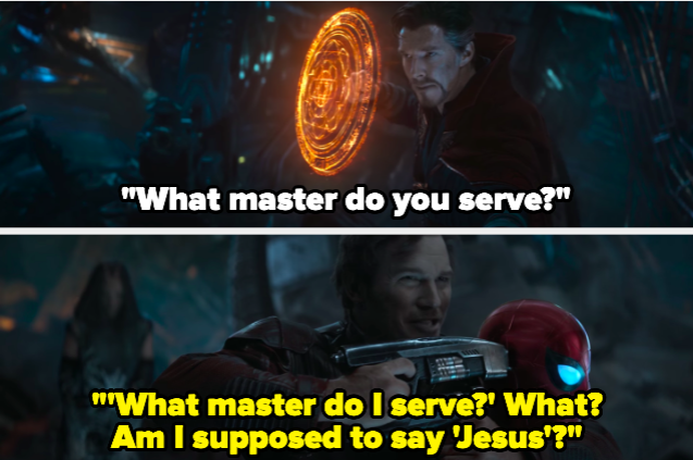 A man asking "What master do you serve?" and another man responding "'What master do I serve?' What?Am I supposed to say 'Jesus'?"
