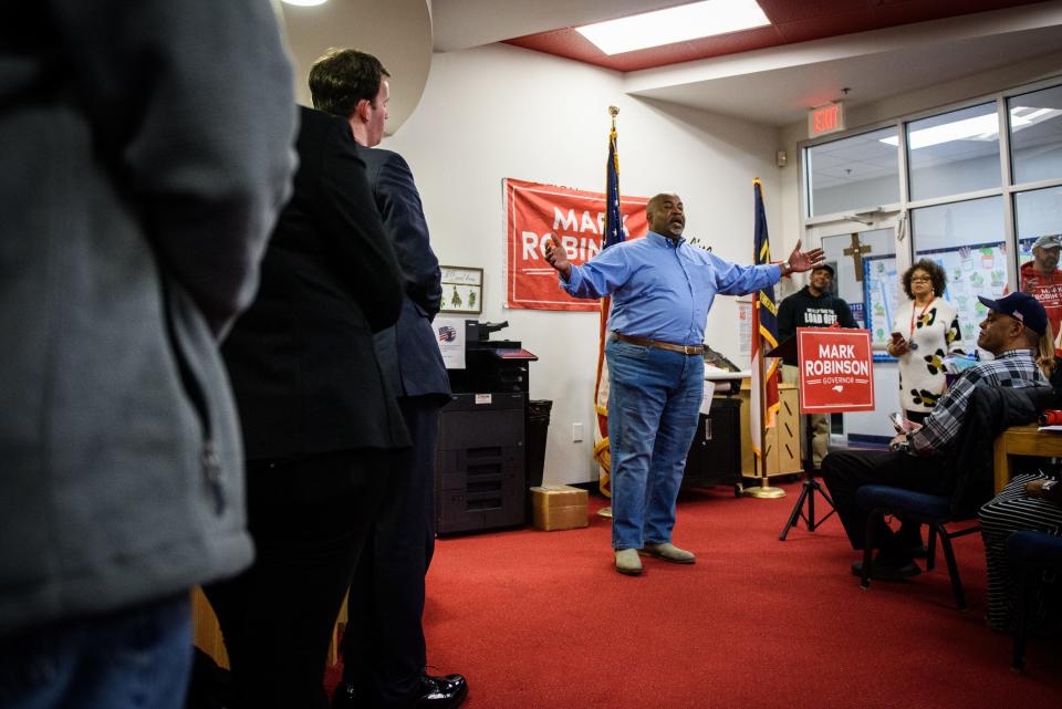 Gubernatorial candidate Mark Robinson speaks at rally at Freedom Christian Academy on Saturday, Jan. 13, 2024.