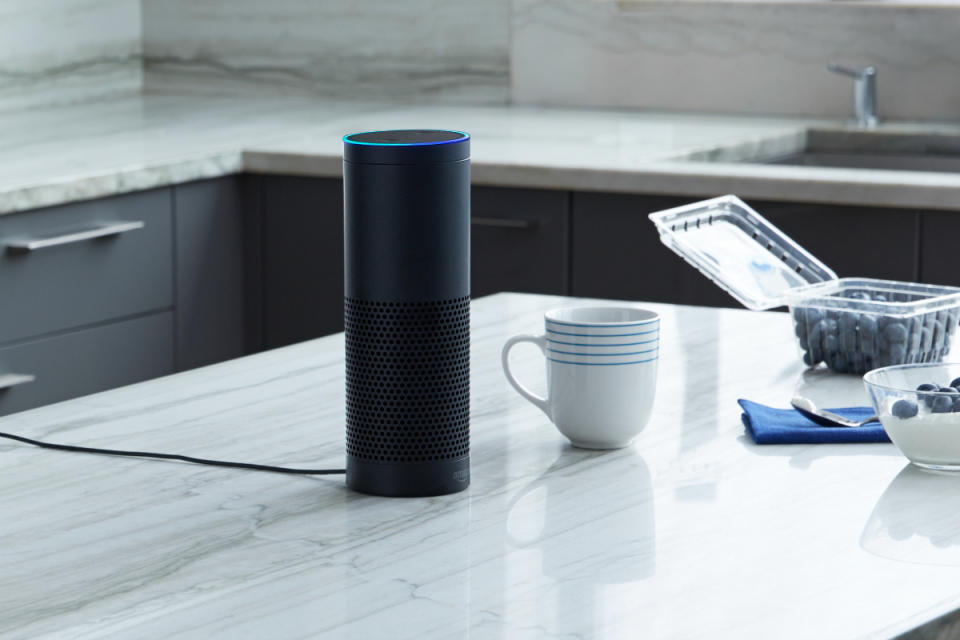 An Amazon Echo stis on a counter