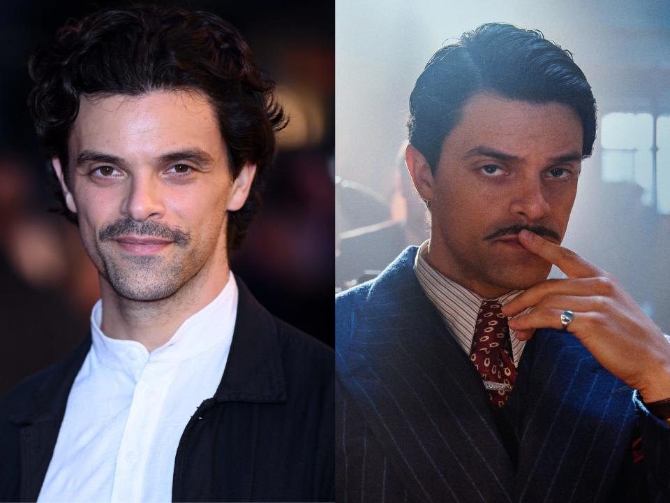 left: jacob fortune-lloyd in a white shirt and black blazer, smiling slighlty; right: jacob fortune-lloyd as ds whiteman in bodies looking pensive