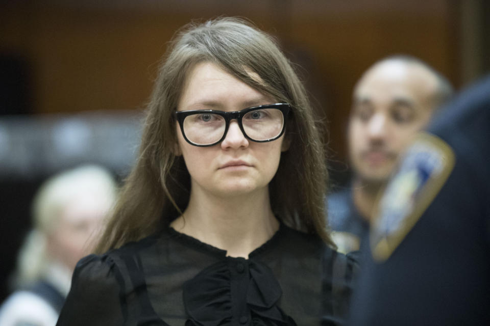 FILE - In this April 25, 2019, file photo, Anna Sorokin, who claimed to be a German heiress, returns to the courtroom during her trial on grand larceny and theft of services charges in New York. The New York Attorney General's Office recently invoked a state law that forbids criminals from profiting off their crimes in a court challenge to a Netflix deal Sorokin signed last year. Prosecutors say proceeds from the production should go to the Manhattan banks and hotels Sorokin defrauded out of nearly $200,000. (AP Photo/Mary Altaffer, File)