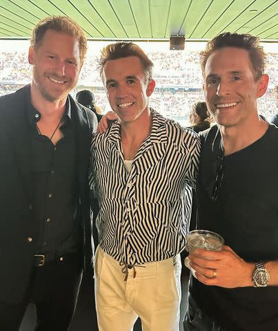 <p>Glenn Howerton/ Instagram</p> From left: Prince Harry, Rob McElhenney and Glenn Howerton pose for a photo at BMO Stadium in Los Angeles.