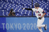 United States' Nick Allen reacts after hitting a home run in the fifth inning of a baseball game against South Korea at the 2020 Summer Olympics, Saturday, July 31, 2021, in Yokohama, Japan. (AP Photo/Sue Ogrocki)