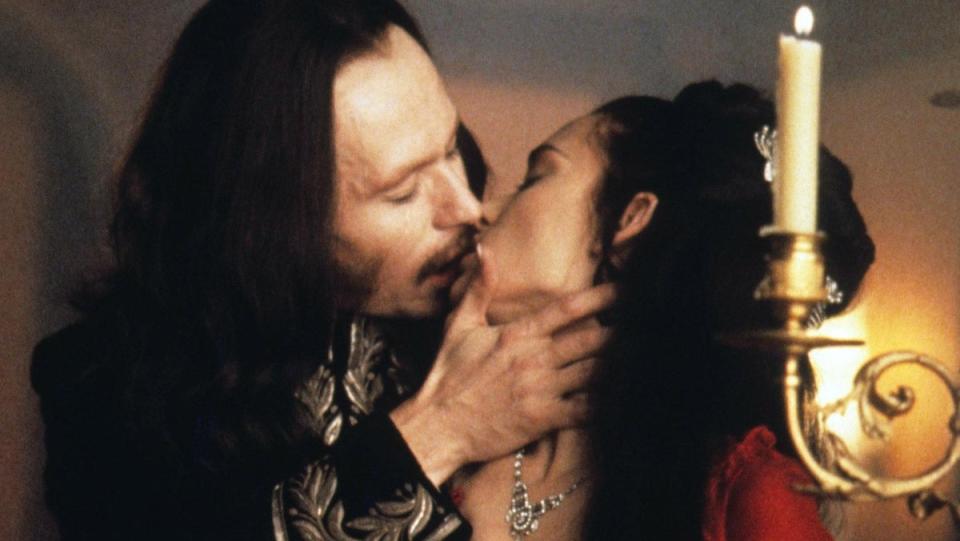 Dracula (Gary Oldman) passionately kisses Mina (Winona Ryder) in Bram Stoker's Dracula, the horniest Dracula movie by far.