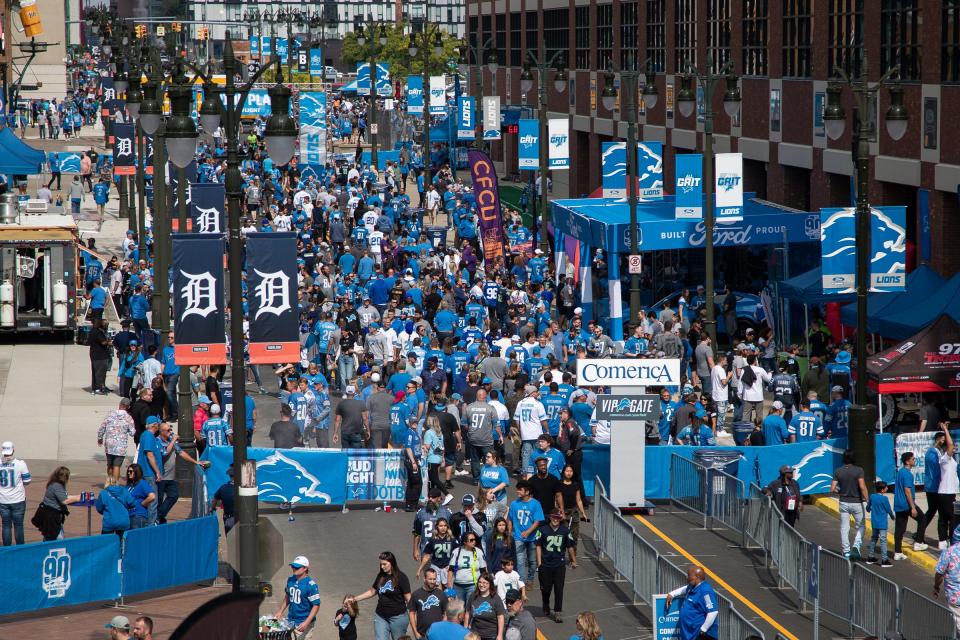 Detroit Lions fans outside of Ford Field before the Seattle Seahawks game in Detroit on Sunday, Sept. 17, 2023.