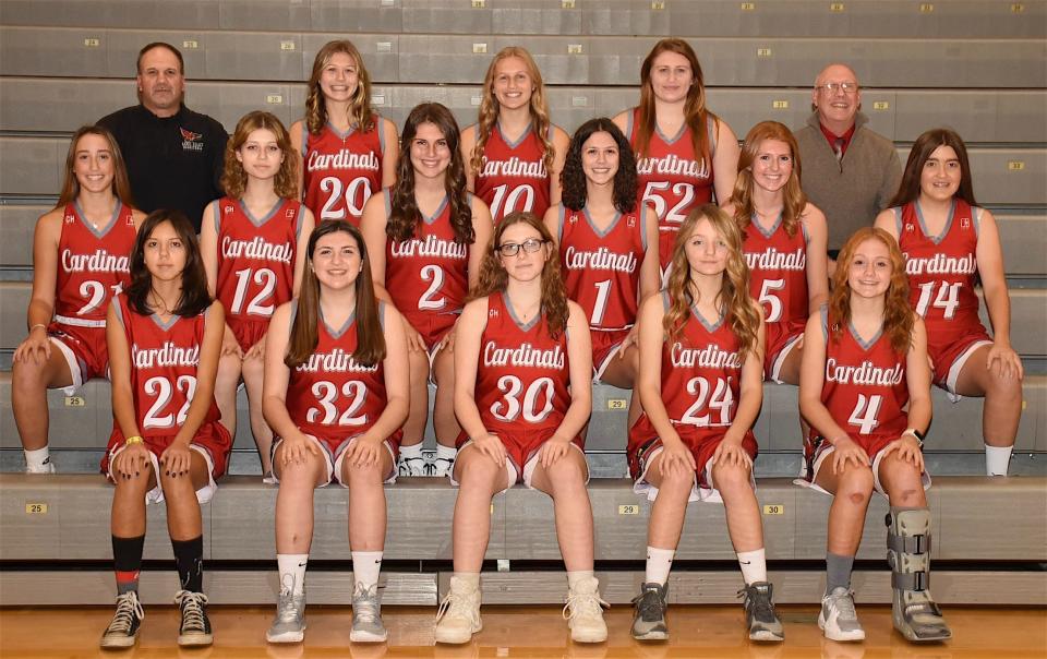 Members of the 2020-21 Sandy Valley girls basketball team are (front row, left to right) Casey Russell, Tatum Davis, Ashley Horsely, Trinity Dalo and Peyton Nicholson; (second row) Breeli Faiello, Michalina Krzywanska, Alli Neary, Zoe Ward, Lexi Tucci and Alexis Dotson; and (back row) Coach Todd Sickafoose, Amber Ward, Jordan Parker, Abbey Parker and Head Coach Tim McBride.