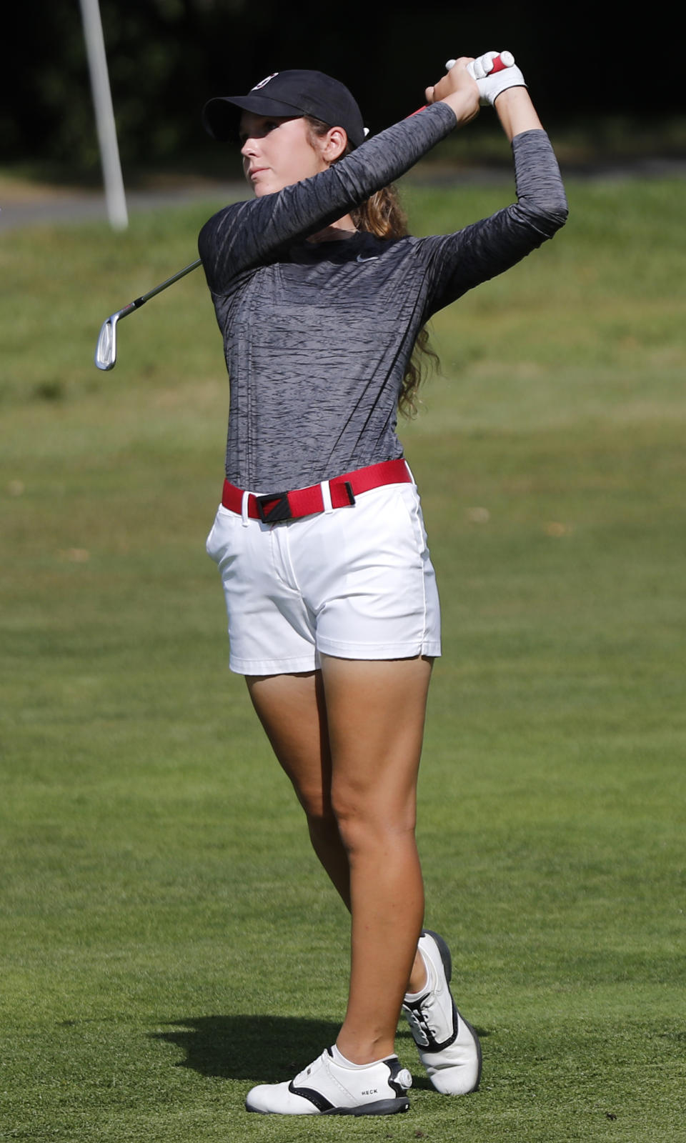 Rachel Heck of the U.S. plays a shot during the fourth round of the Evian Championship women's golf tournament in Evian, eastern France, Sunday, Sept. 16, 2018. (AP Photo/Francois Mori)