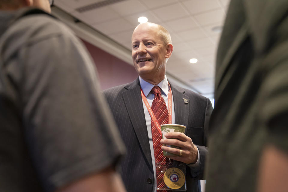 Republican candidate for governor state Sen. Paul Gazelka, greets delegates during the first day of the Minnesota State Republican Convention, Friday, May 13, 2022, at the Mayo Civic Center in. Rochester, Minn. (Glen Stubbe/Star Tribune via AP)