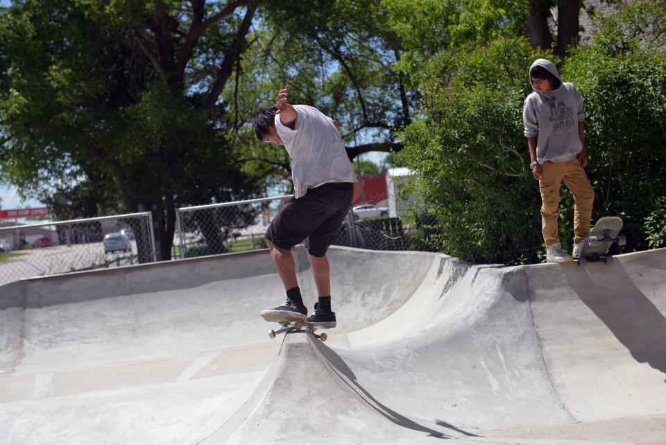 Dillon Two Eagle, 25, grinds his board at Oyate Park in Mission, South Dakota, the newest and third skatepark built as part of the Rosebud Skatepark Development Project.