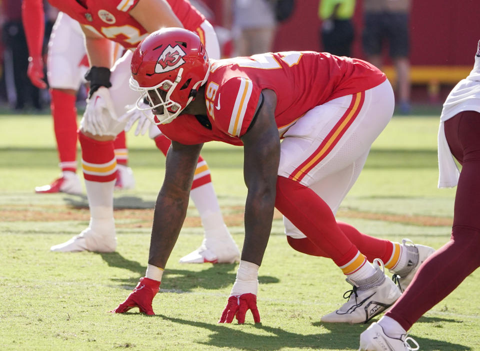 Aug 20, 2022; Kansas City, Missouri, USA; Kansas City Chiefs defensive end Joshua Kaindoh (59) on the line of scrimmage against the <a class="link " href="https://sports.yahoo.com/nfl/teams/washington/" data-i13n="sec:content-canvas;subsec:anchor_text;elm:context_link" data-ylk="slk:Washington Commanders;sec:content-canvas;subsec:anchor_text;elm:context_link;itc:0">Washington Commanders</a> during the game at GEHA Field at Arrowhead Stadium. Mandatory Credit: Denny Medley-USA TODAY Sports