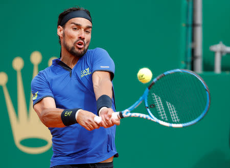 Tennis - ATP 1000 - Monte Carlo Masters - Monte-Carlo Country Club, Roquebrune-Cap-Martin, France - April 20, 2019 Italy's Fabio Fognini in action during his semi final match against Spain's Rafael Nadal REUTERS/Eric Gaillard