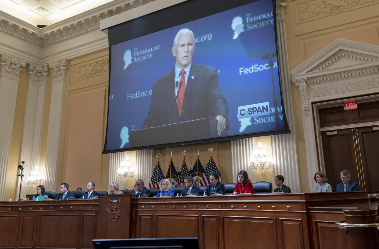 A video of former Vice President Mike Pence speaking is shown as committee members look on, including, from left, Rep. Stephanie Murphy, D-Fla., Rep. Pete Aguilar, D-Calif., Rep. Adam Schiff, D-Calif., Rep. Zoe Lofgren, D-Calif., Chairman Bennie Thompson, D-Miss., Vice Chair Liz Cheney, R-Wyo., Rep. Adam Kinzinger, R-Ill., Rep. Jamie Raskin, D-Md., and Rep. Elaine Luria, D-Va.