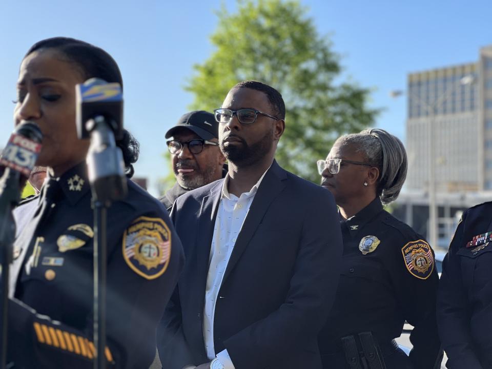 Memphis Mayor Paul Young speaks to the media outside Regional One Hospital on Friday, April 12, 2024. Three Memphis police officers were shot during a shootout, she said, and one later died.
