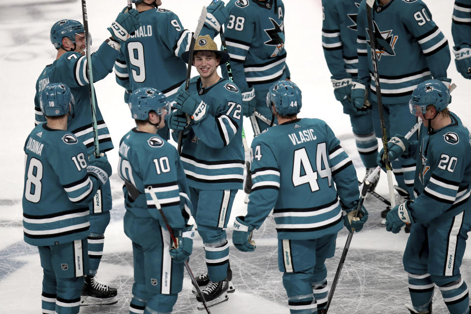 San Jose Sharks left wing William Eklund (72) celebrates his game-winning goal and hat trick in a 3-2 overtime victory over the St. Louis Blues in an NHL hockey game in San Jose, Calif., Saturday, April 6, 2024. (AP Photo/Scot Tucker)