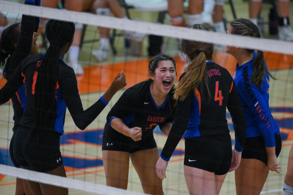 Gators setter Leila Johnson (3) celebrates a point during the District 10-7A girls volleyball final between Wellington and host Palm Beach Gardens at Palm Beach Gardens, FL., on Thursday, October 21, 2021. Final score, 3-2, Palm Beach Gardens.