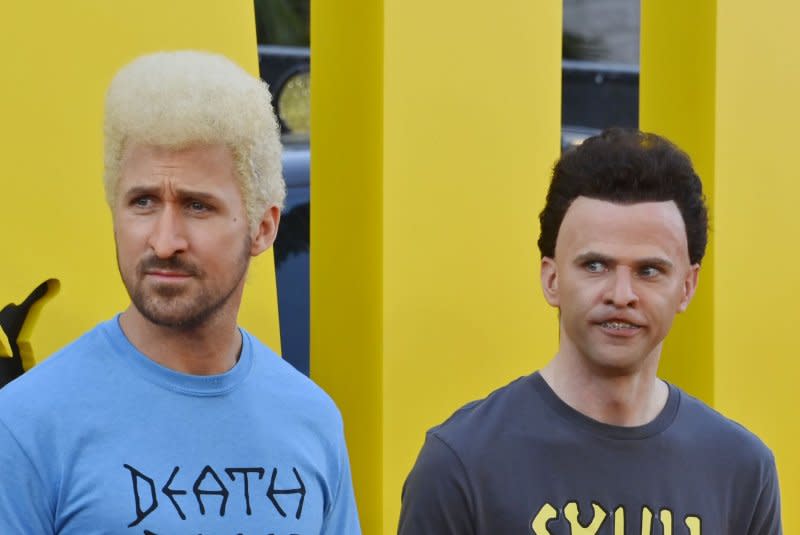 Ryan Gosling (L) and Mikey Day dressed as Beavis and Butt-Head from "Beavis and Butt-Head" attend the premiere of "The Fall Guy" at the Dolby Theatre in Los Angeles on April 30. . Photo by Jim Ruymen/UPI